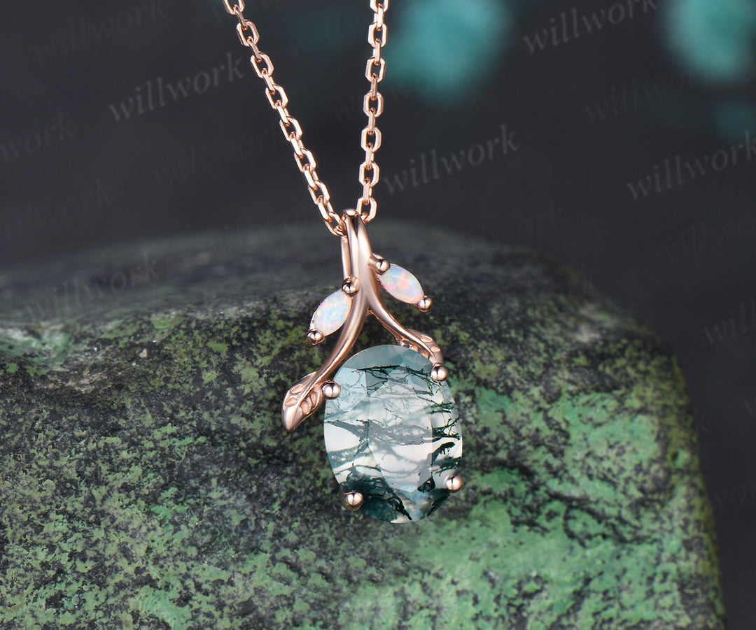 Oval Moss Agate Leaf Necklace Marquise Opal Leaf Necklace Earrings Nature Inspired Twig Jewelry Set