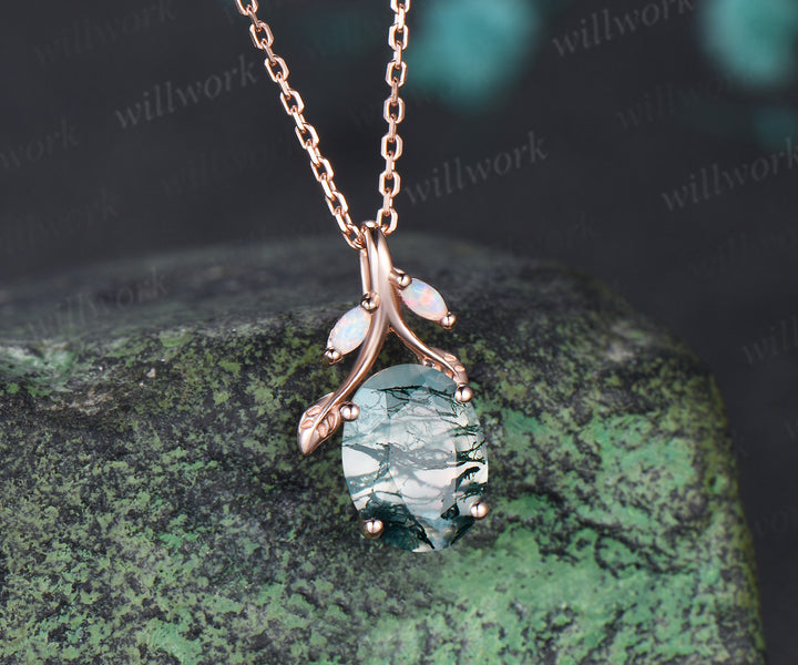 Oval Moss Agate Leaf Necklace Marquise Opal Leaf Necklace Earrings Nature Inspired Twig Jewelry Set