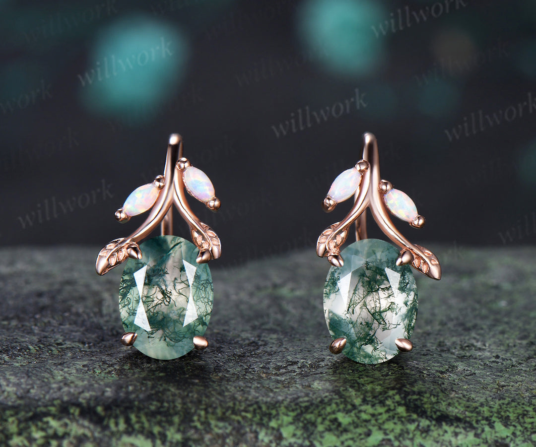 Oval Moss Agate Leaf Necklace Marquise Opal Leaf Necklace Earrings Nature Inspired Twig Jewelry Set