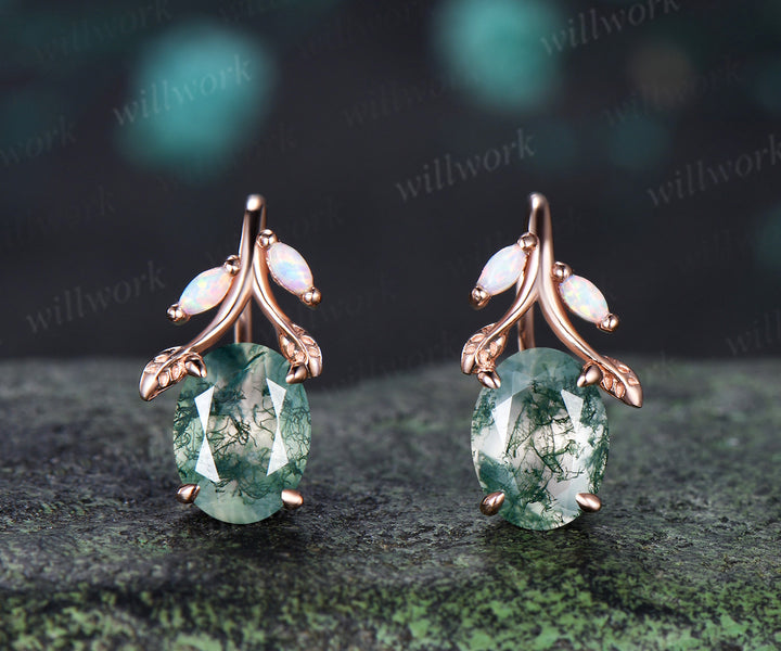 Oval Moss Agate Leaf Necklace Marquise Opal Leaf Necklace Earrings Nature Inspired Twig Jewelry Set