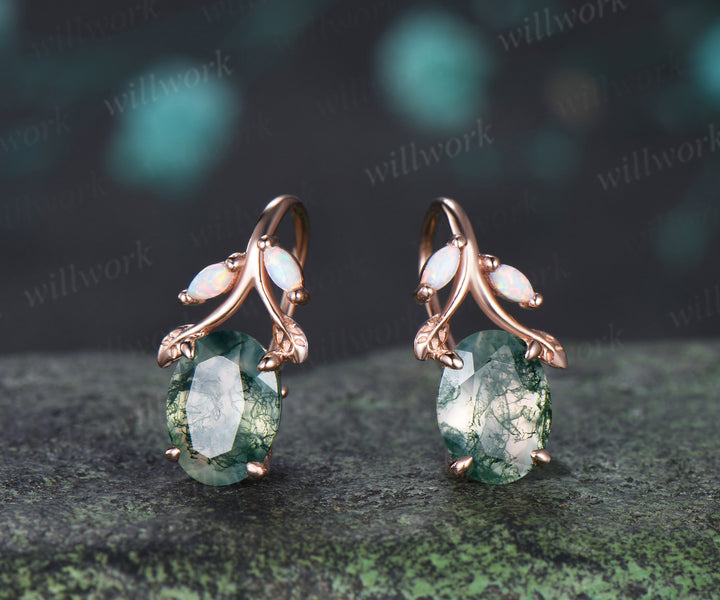 Oval Moss Agate Leaf Necklace Marquise Opal Leaf Necklace Earrings Nature Inspired Twig Jewelry Set