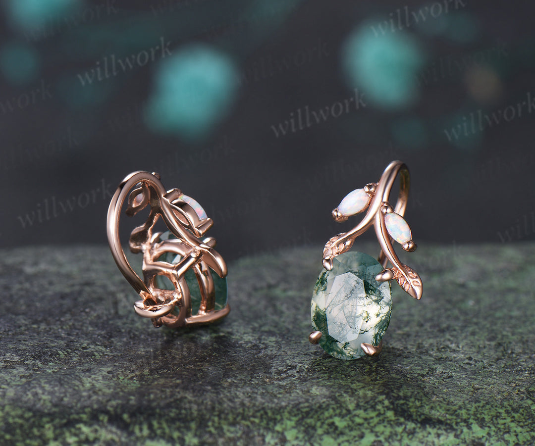 Oval Moss Agate Leaf Necklace Marquise Opal Leaf Necklace Earrings Nature Inspired Twig Jewelry Set