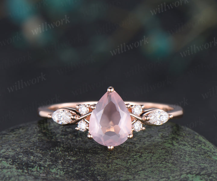 Vintage pear rose quartz engagement ring moissanite seven stone ring moon trinity opal matching band unique bridal set