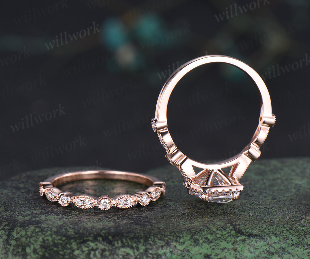 6x8mm cushion cut moissanite engagement ring set rose gold unique halo milgrain ring art deco diamonds half eternity wedding band antique bridal set