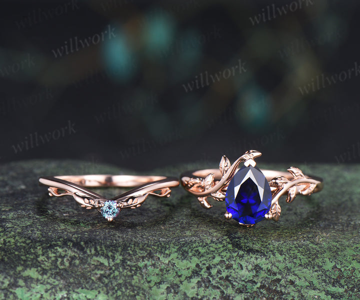 Pear sapphire leaf engagement ring set vintage solitaire twig ring alexandrite matching band bridal set