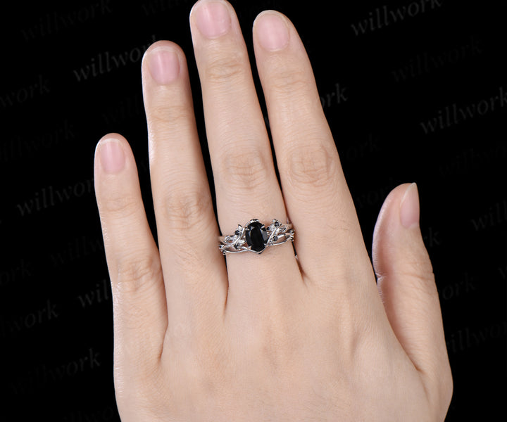 Nature Inspired Oval Cut Black Onyx Engagement Ring Set Leaf Vine Black Diamond Accent Promise Ring Curved Matching Band Unique Bridal Set