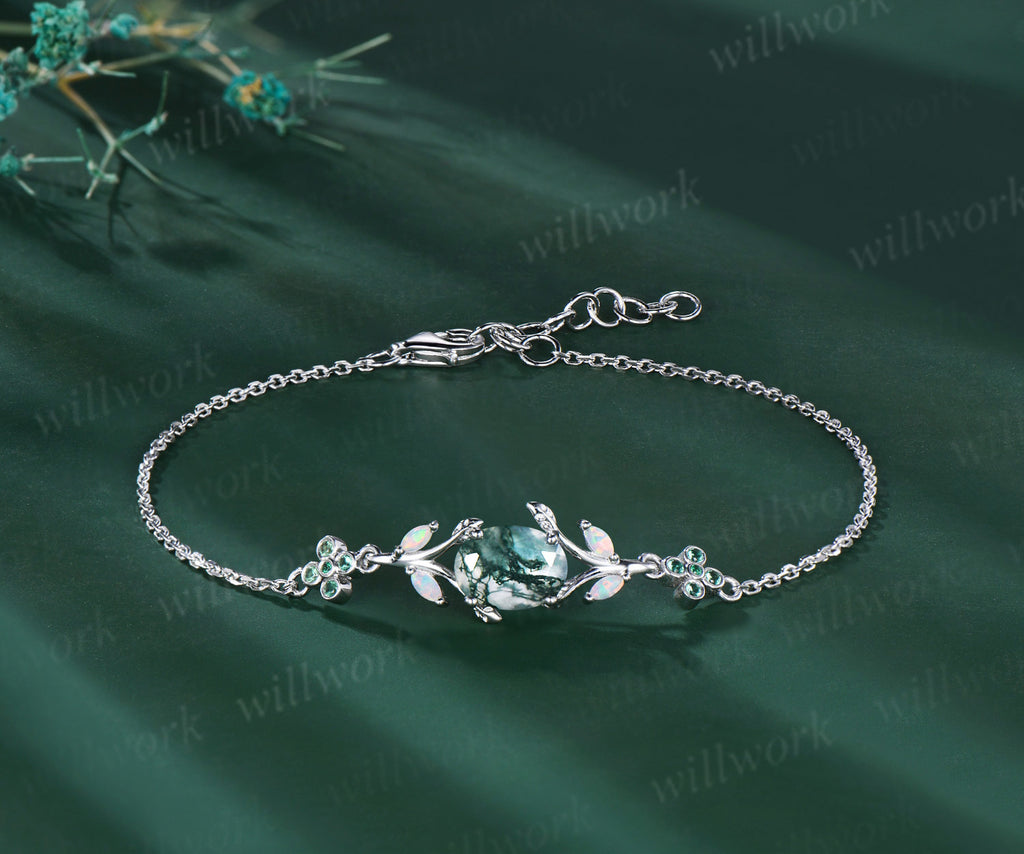 Oval cut moss agate marquise opal leaf bracelet emeralds clover