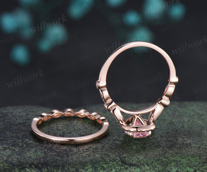 Vintage pear cut pink morganite engagement ring set diamond halo half eternity promise ring  milgrain wedding band bridal set