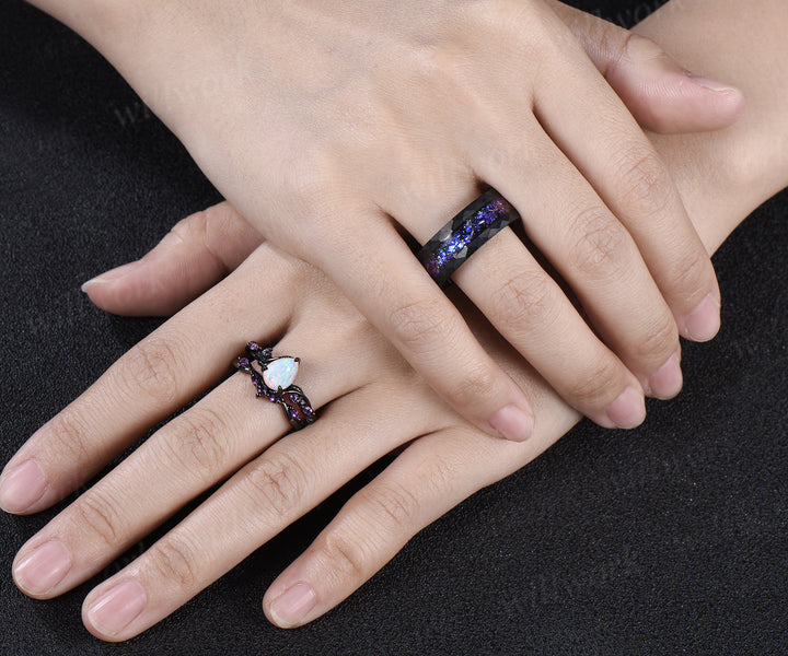 Leaf Pear Opal Amethyst Engagement Ring Set & Tungsten Galaxy Nebula Mens Band Unique Couple Ring Set