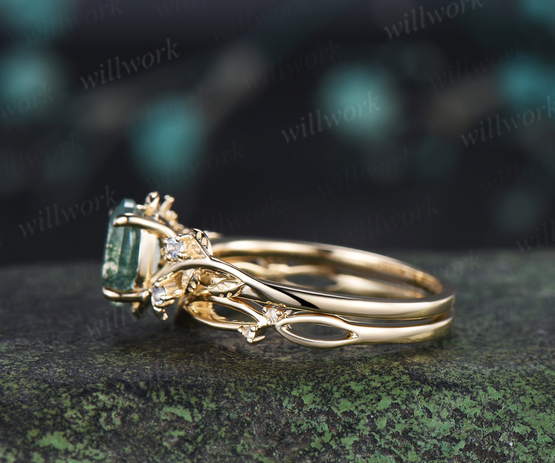Oval cut Natural Moss Agate Engagement Ring Set Twig Leaf Promise Ring Aquamarine Wedding Band Nature Inspired Bridal Set