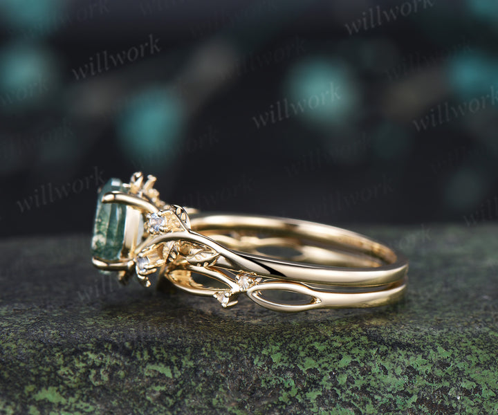 Oval cut Natural Moss Agate Engagement Ring Set Twig Leaf Promise Ring Aquamarine Wedding Band Nature Inspired Bridal Set