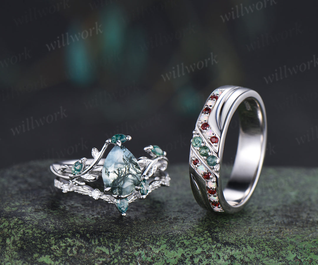 Pear Moss Agate Twig Leaf Ring Set & 5mm Moss Agate Opal Garnet Men Ring Unique Couple Ring Set