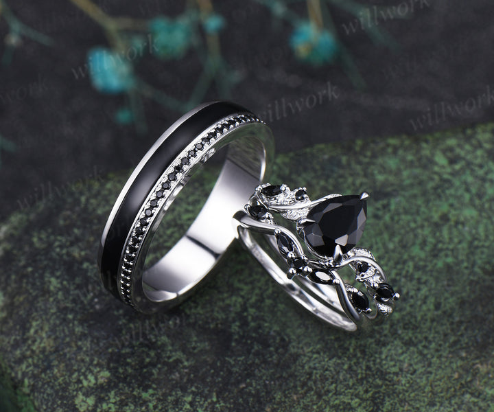 Pear Cut Black Onyx Leaf Twig Bridal Ring Set & Full Eternity Black Onyx Black Spinels Men Ring Unique Couple Ring Set
