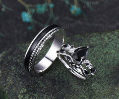 Pear Cut Black Onyx Leaf Twig Bridal Ring Set & Full Eternity Black Onyx Black Spinels Men Ring Unique Couple Ring Set