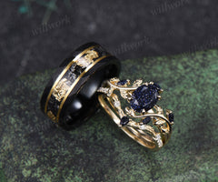 Nature Inspired Oval Blue Sandstone Leaf Ring Set & Tungsten Gold Flakes Men's Ring Unique Couple Wedding Rings
