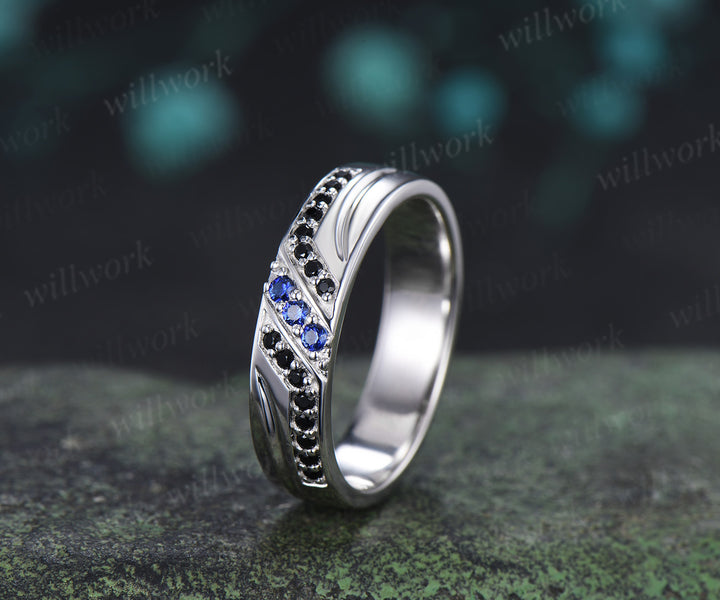 Radianit Cut Sapphire Twig Leaf Ring Set & Round Sapphire Black Spinel Men Wedding Ring Couple Ring Set