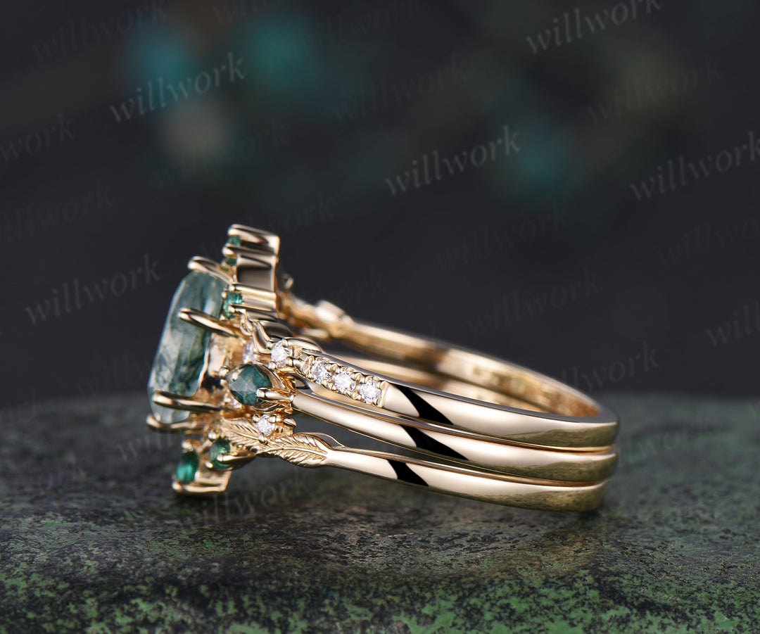 Nature inspired pear moss agate ring set marquise moss agate seven stone ring art deco emerald moissanites wedding band unique bridal set