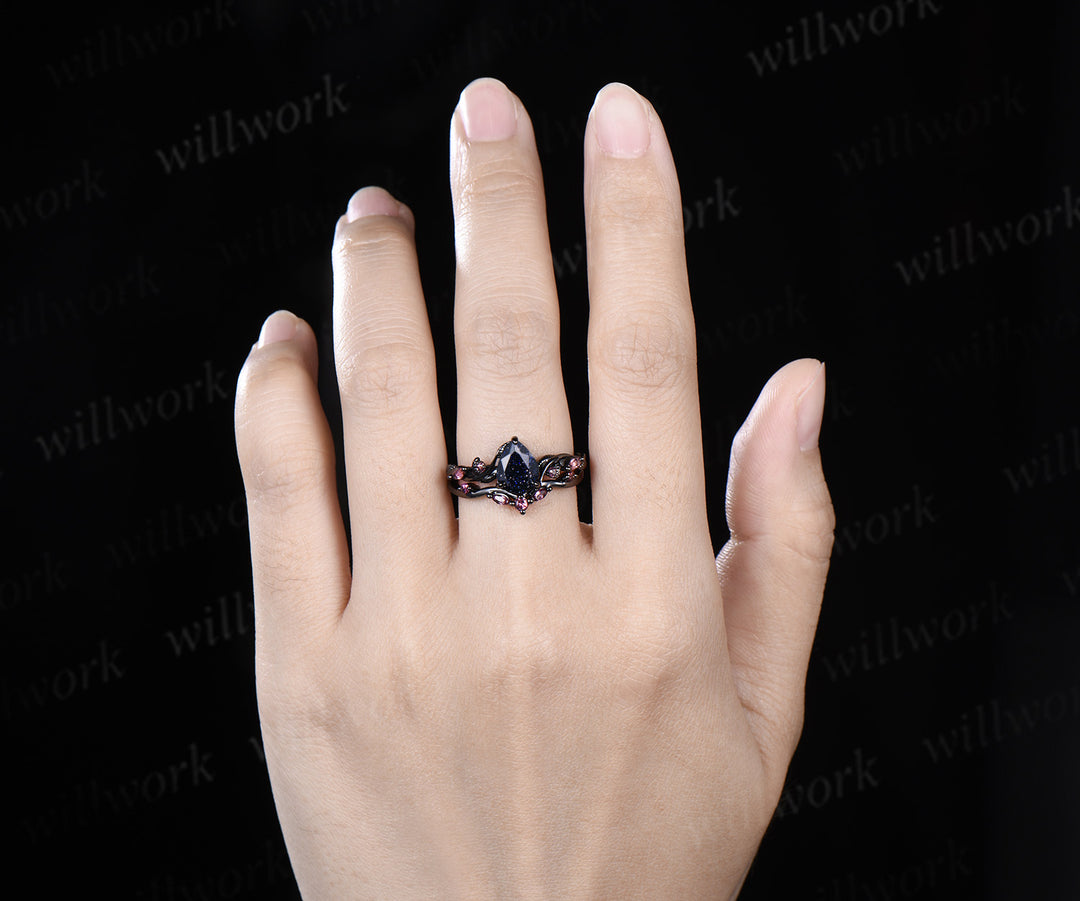 Teardrop blue sandstone ring set black gold leaf vine engagement ring with pink tourmaline accents galaxy gemstone bridal set