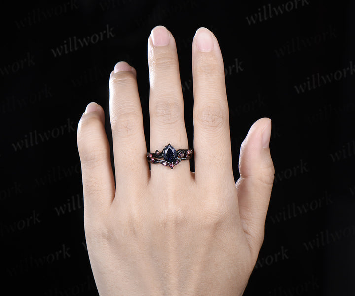 Teardrop blue sandstone ring set black gold leaf vine engagement ring with pink tourmaline accents galaxy gemstone bridal set