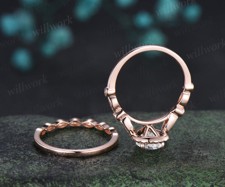 Vintage pear cut Lab grown diamond ring set halo half eternity diamond promise ring milgrain art deco band bridal set