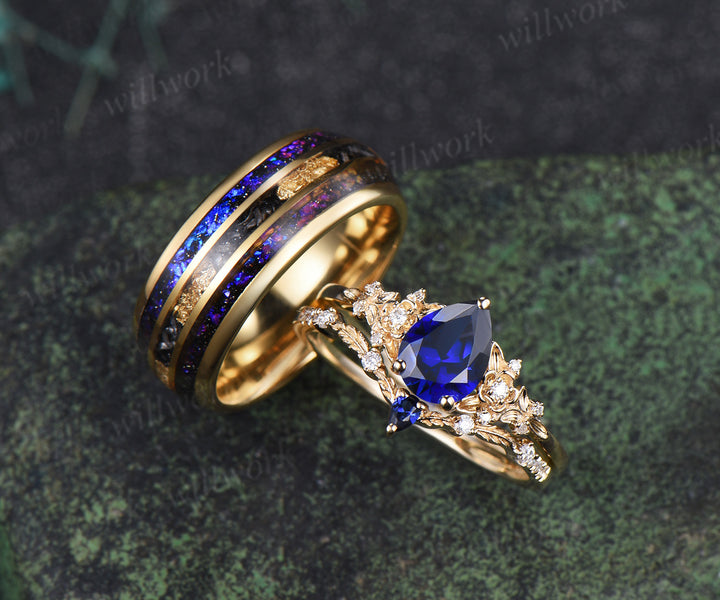 Nature Inspired Pear Sapphire Leaf Twig Ring Set & Tungsten Galaxy Nebula Men Blue Sandstone Band Couple Ring Set