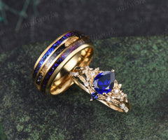 Nature Inspired Pear Sapphire Leaf Twig Ring Set & Tungsten Galaxy Nebula Men Blue Sandstone Band Couple Ring Set
