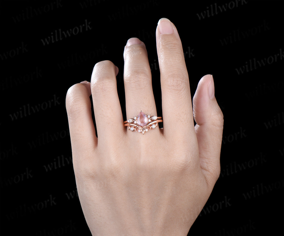 Vintage pear rose quartz engagement ring moissanite seven stone ring moon trinity opal matching band unique bridal set