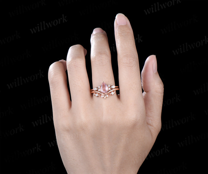 Vintage pear rose quartz engagement ring moissanite seven stone ring moon trinity opal matching band unique bridal set