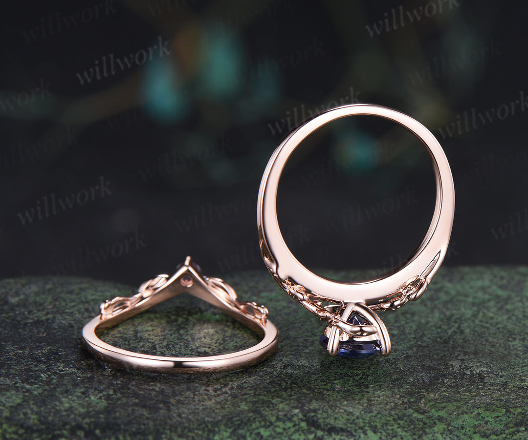 Pear sapphire leaf engagement ring set vintage solitaire twig ring alexandrite matching band bridal set