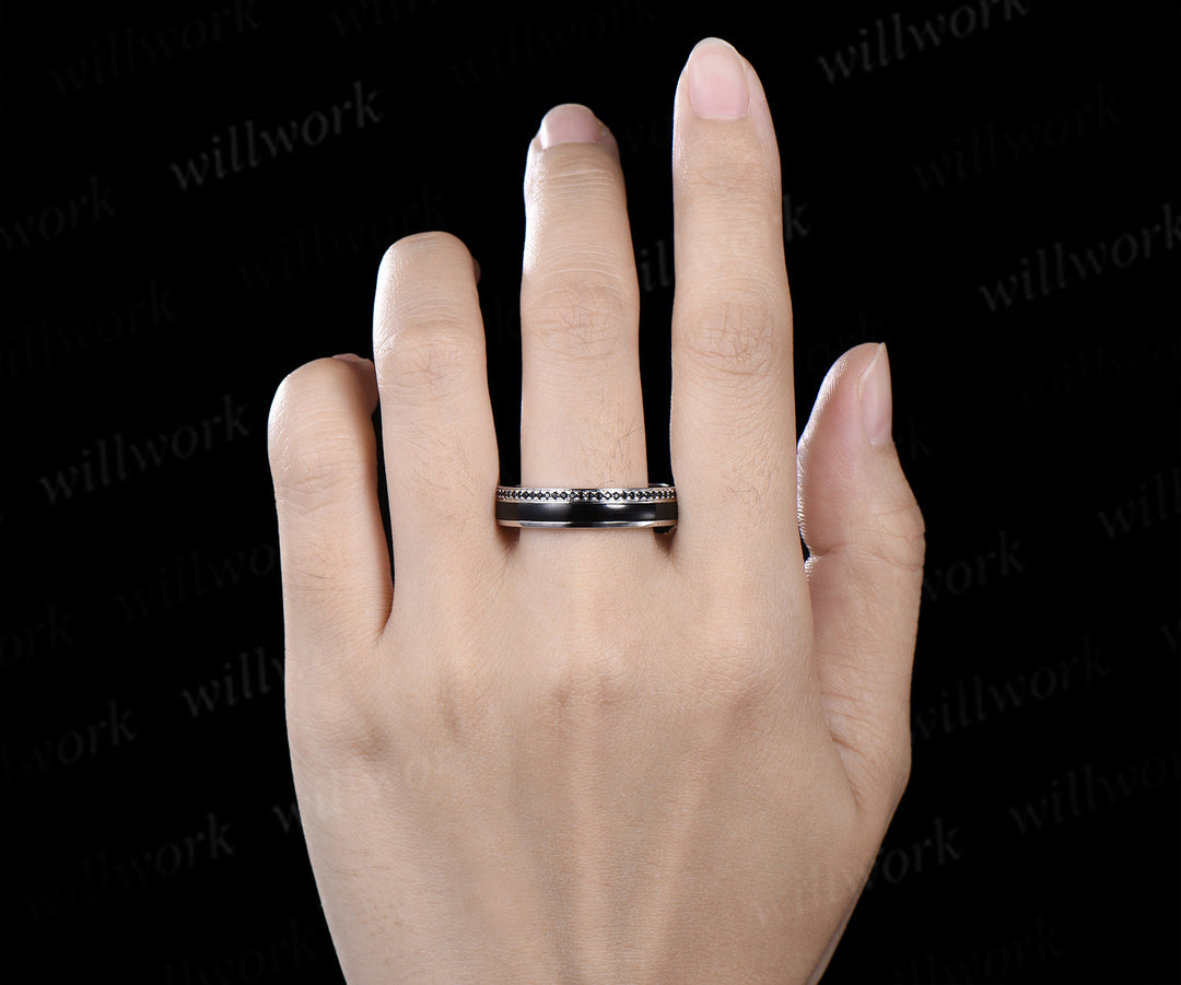 Pear Cut Black Onyx Leaf Twig Bridal Ring Set & Full Eternity Black Onyx Black Spinels Men Ring Unique Couple Ring Set