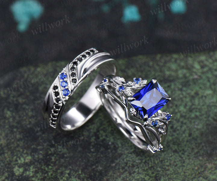 Radianit Cut Sapphire Twig Leaf Ring Set & Round Sapphire Black Spinel Men Wedding Ring Couple Ring Set