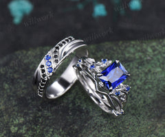 Radianit Cut Sapphire Twig Leaf Ring Set & Round Sapphire Black Spinel Men Wedding Ring Couple Ring Set