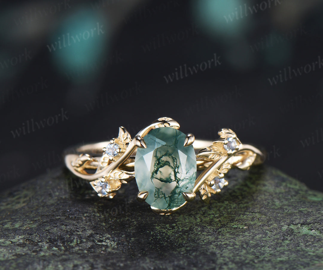 Oval cut Natural Moss Agate Engagement Ring Set Twig Leaf Promise Ring Aquamarine Wedding Band Nature Inspired Bridal Set