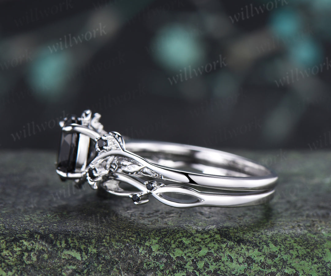 Nature Inspired Oval Cut Black Onyx Engagement Ring Set Leaf Vine Black Diamond Accent Promise Ring Curved Matching Band Unique Bridal Set
