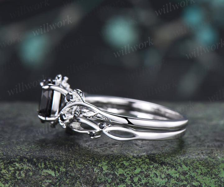 Nature Inspired Oval Cut Black Onyx Engagement Ring Set Leaf Vine Black Diamond Accent Promise Ring Curved Matching Band Unique Bridal Set
