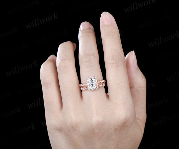 6x8mm cushion cut moissanite engagement ring set rose gold unique halo milgrain ring art deco diamonds half eternity wedding band antique bridal set