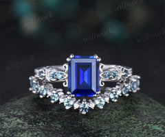 Vintage emerald cut sapphire engagement ring set unique filigree art deco London blue topaz ring half eternity alexandrite wedding band bridal set