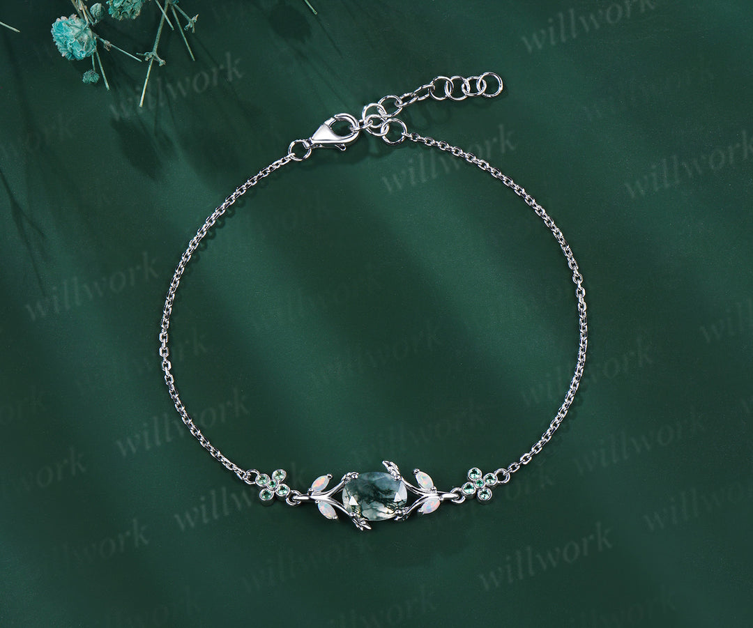 Oval cut moss agate marquise opal leaf bracelet emeralds clover adjustable bracelet nature inspired jewelry for women