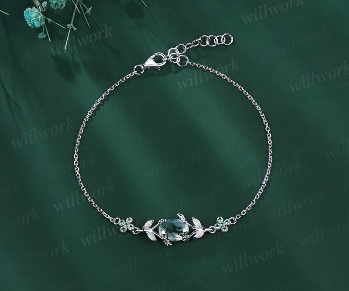 Oval cut moss agate marquise opal leaf bracelet emeralds clover adjustable bracelet nature inspired jewelry for women