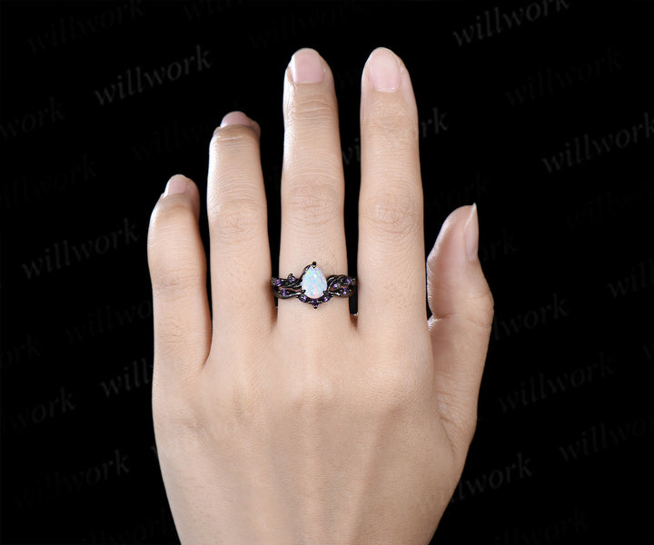 Leaf Pear Opal Amethyst Engagement Ring Set & Tungsten Galaxy Nebula Mens Band Unique Couple Ring Set