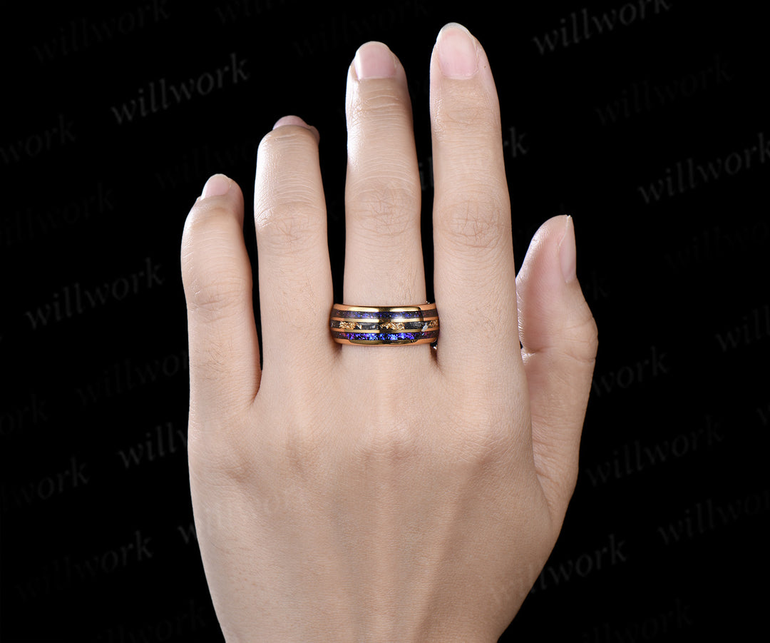 Nature Inspired Pear Sapphire Leaf Twig Ring Set & Tungsten Galaxy Nebula Men Blue Sandstone Band Couple Ring Set