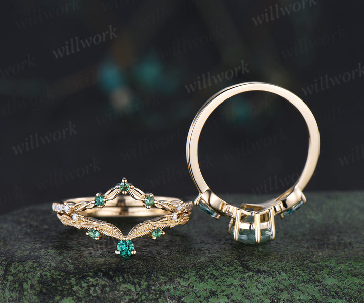 Nature inspired pear moss agate ring set marquise moss agate seven stone ring art deco emerald moissanites wedding band unique bridal set
