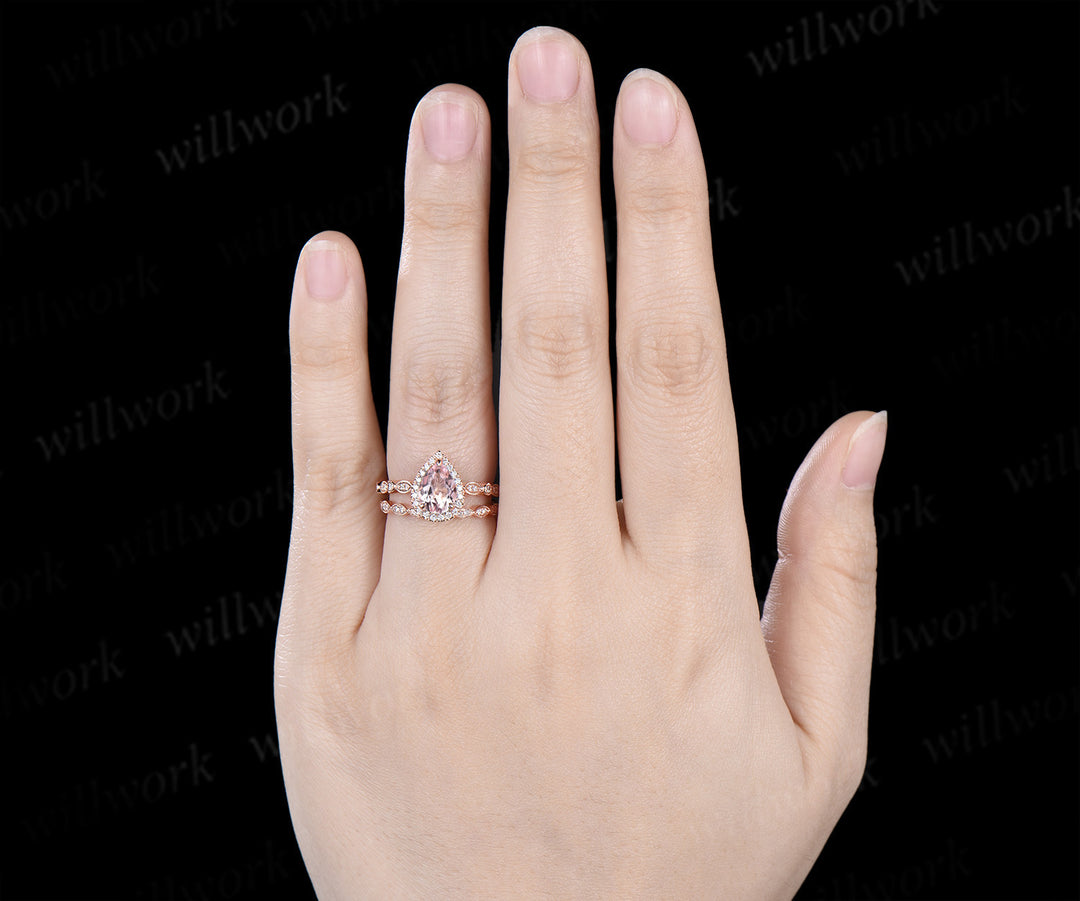 Vintage pear cut pink morganite engagement ring set diamond halo half eternity promise ring  milgrain wedding band bridal set