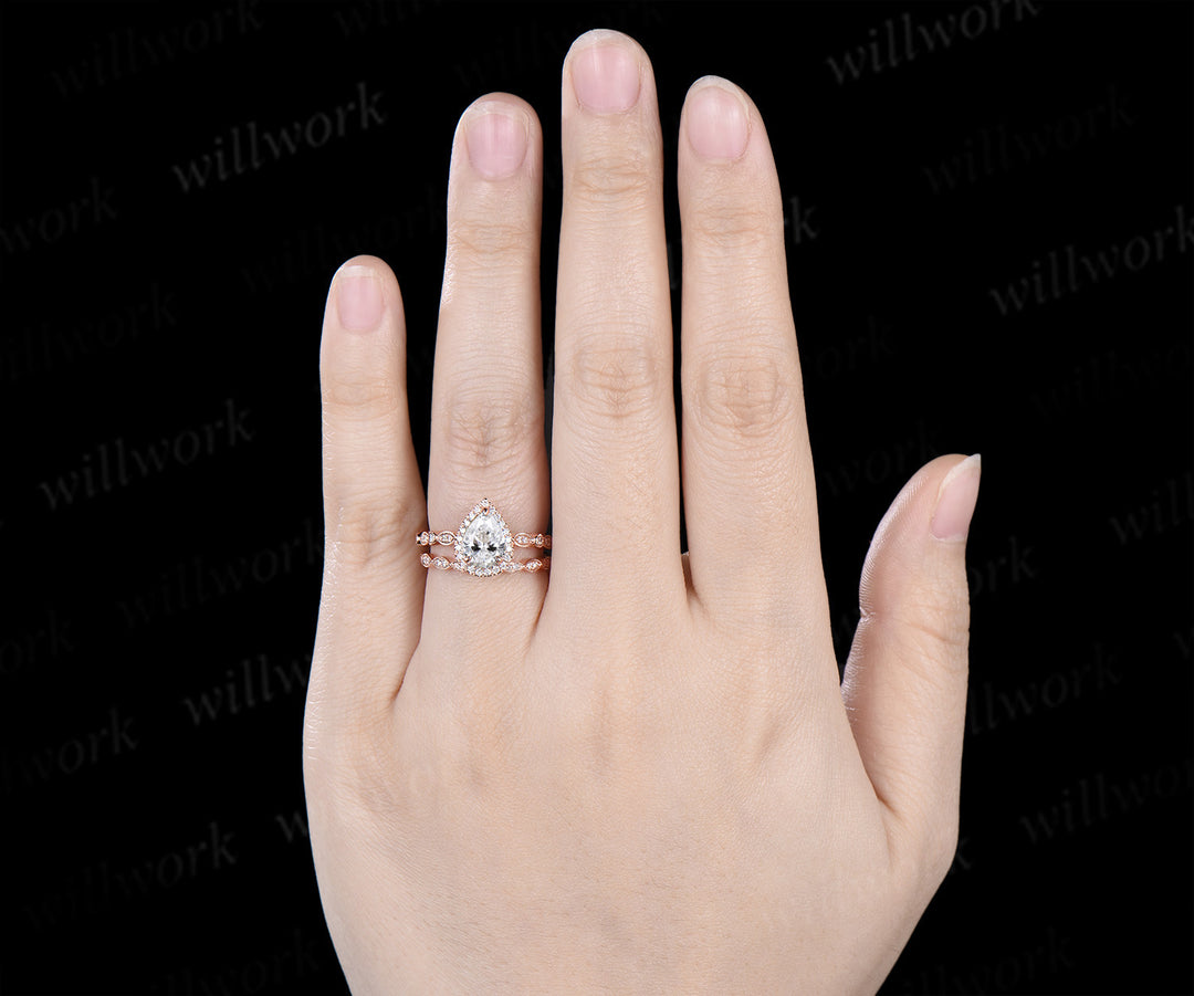Vintage pear cut Lab grown diamond ring set halo half eternity diamond promise ring milgrain art deco band bridal set