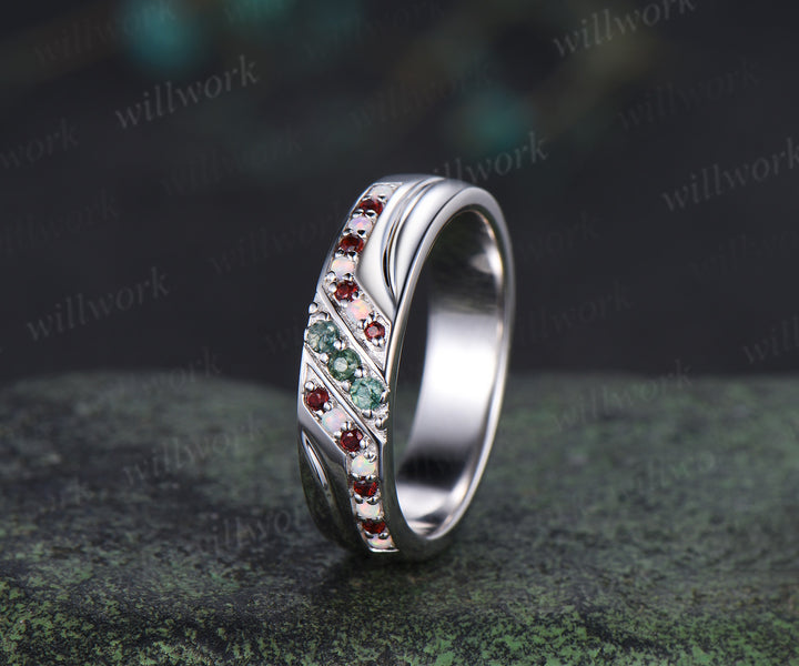 Pear Moss Agate Twig Leaf Ring Set & 5mm Moss Agate Opal Garnet Men Ring Unique Couple Ring Set