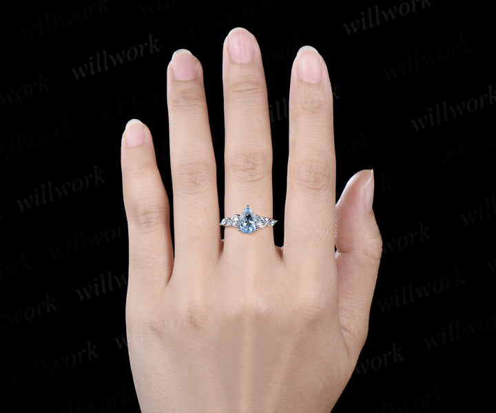 6x8mm pear cut aquamarine engagement ring marquise aquamarines moissanites cluster promise ring March birthstone jewelry gifts