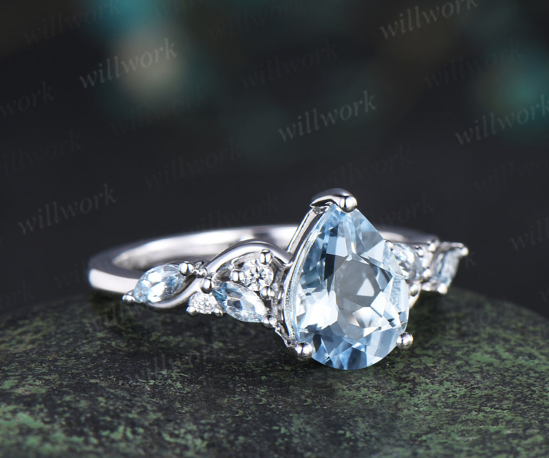 6x8mm pear cut aquamarine engagement ring marquise aquamarines moissanites cluster promise ring March birthstone jewelry gifts