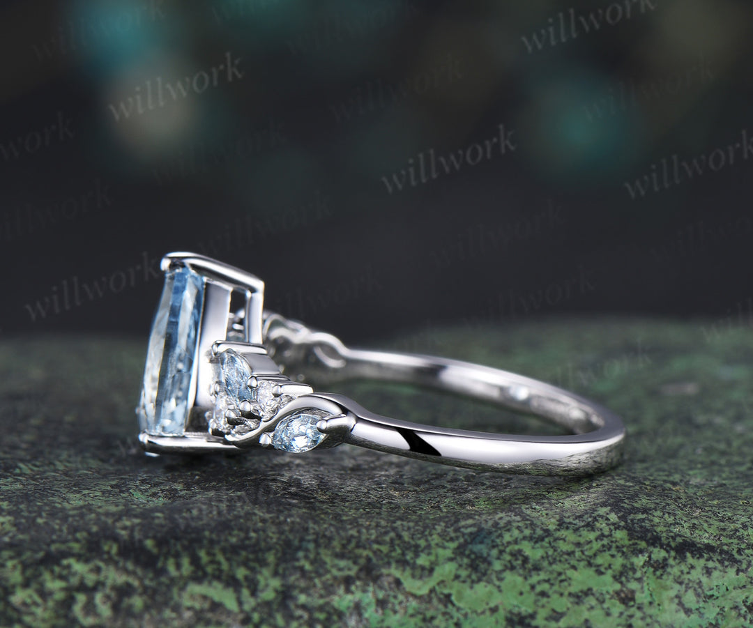 6x8mm pear cut aquamarine engagement ring marquise aquamarines moissanites cluster promise ring March birthstone jewelry gifts