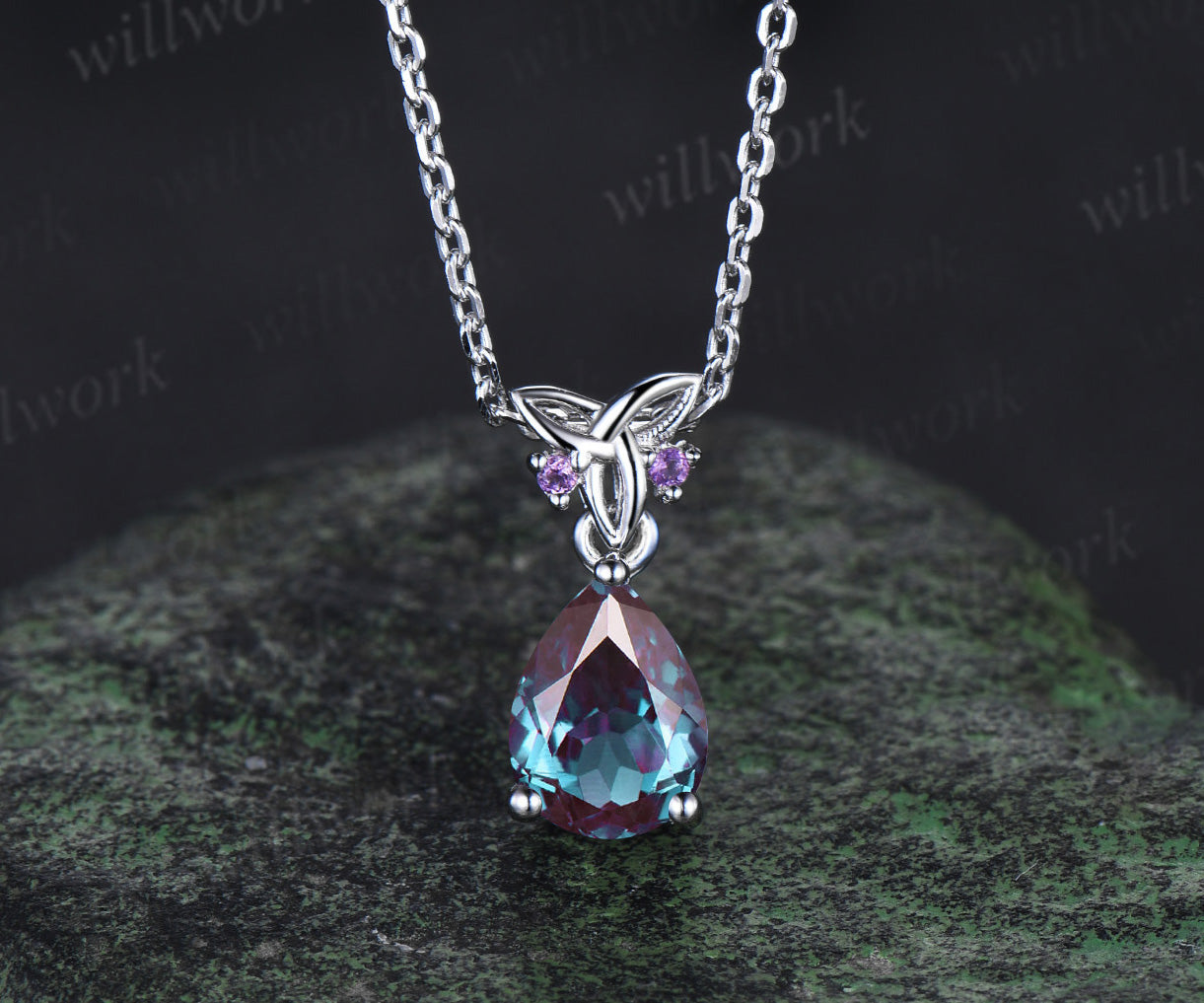 Pear alexandrite drop earrings & matching necklace set white gold