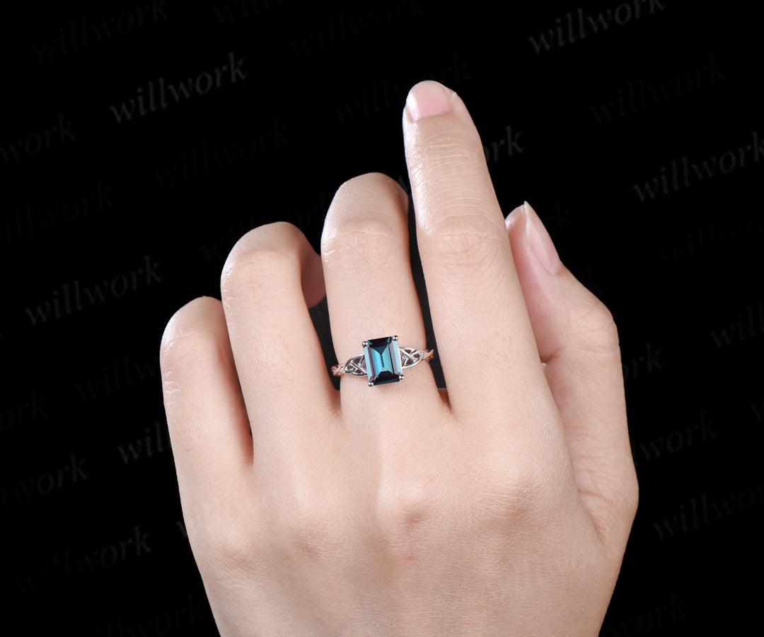 Vintage emerald cut alexandrite ring Celtic knot solitaire infinity engagement ring solid white gold unique bridal gifts